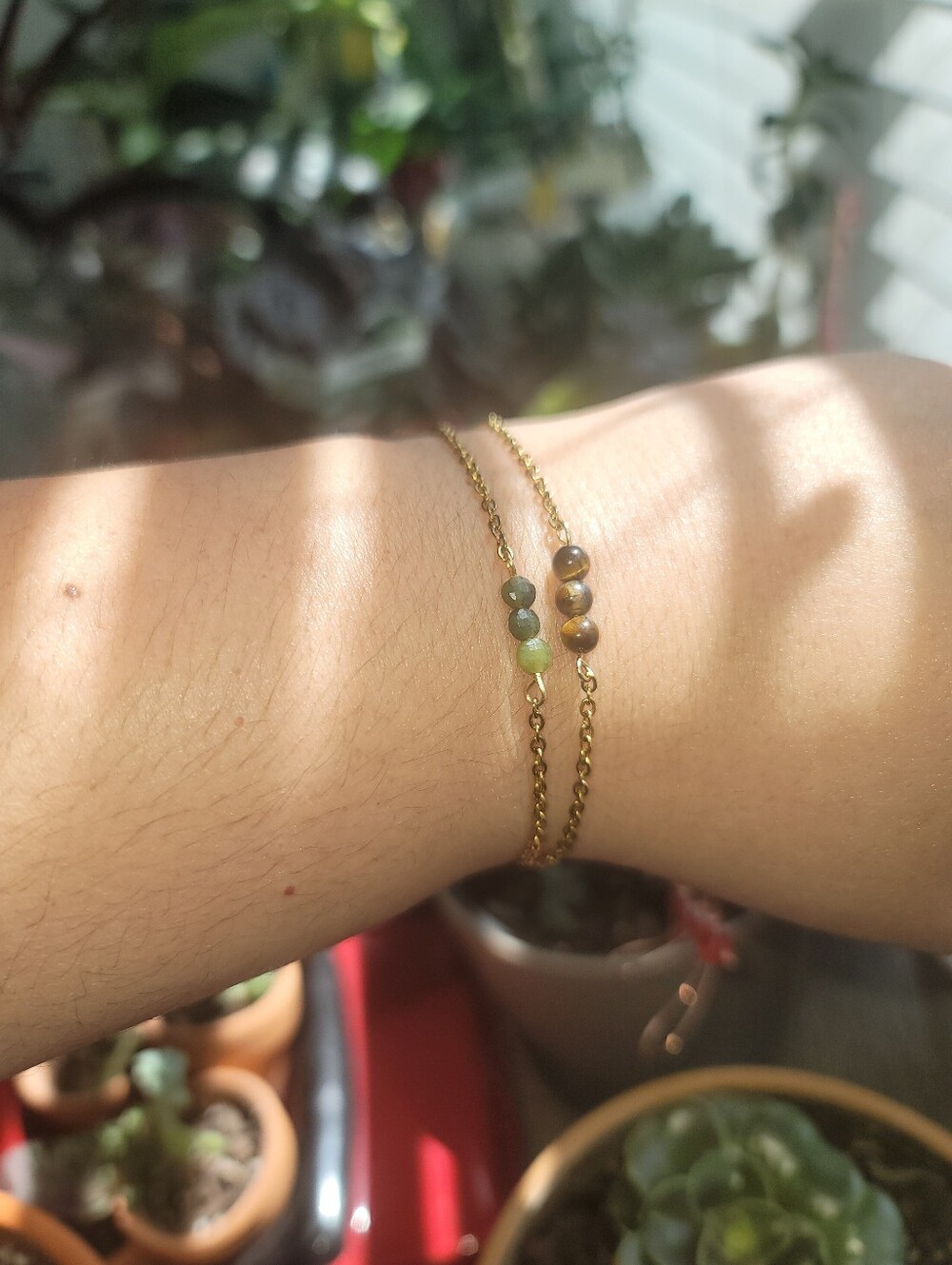 NEW! Double layer dainty stainless steel Jade + Tiger Eyes bracelet